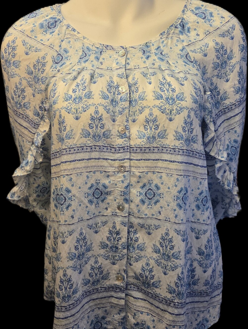 Blu Pepper Women's Blue & White floral Ruffle Long Sleeve Blouse Size S